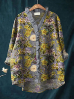 Women's Vintage Flower Art Print Casual Cotton And Linen Ruffle Shirt