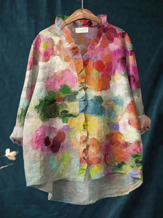 Women's  Vintage Flowers Art  Print Casual Cotton And Linen Ruffle Shirt