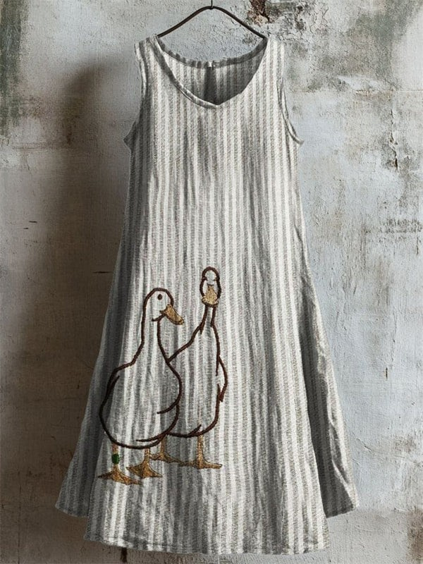 Lovely Ducks Embroidered Striped Tank Dress