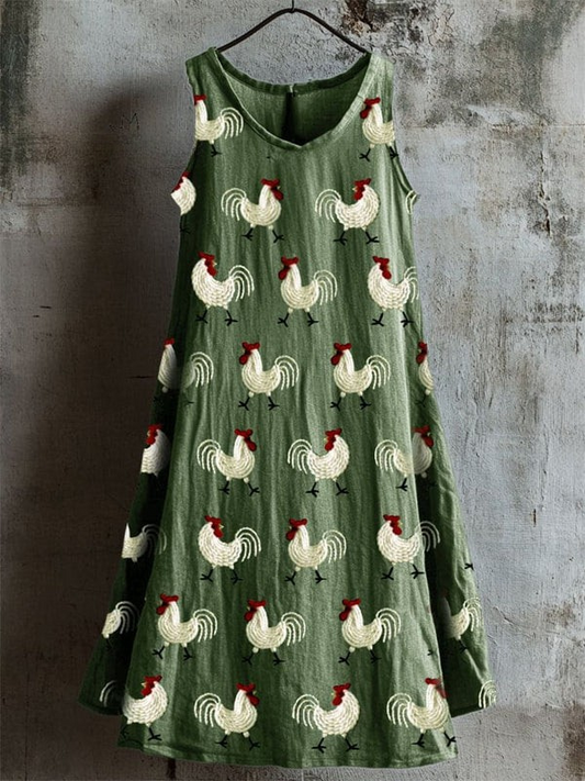 Farm Roosters Embroidered Tank Dress