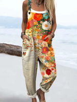 Women's Vintage Flower Art Print Casual  Wide Leg Jumpsuit