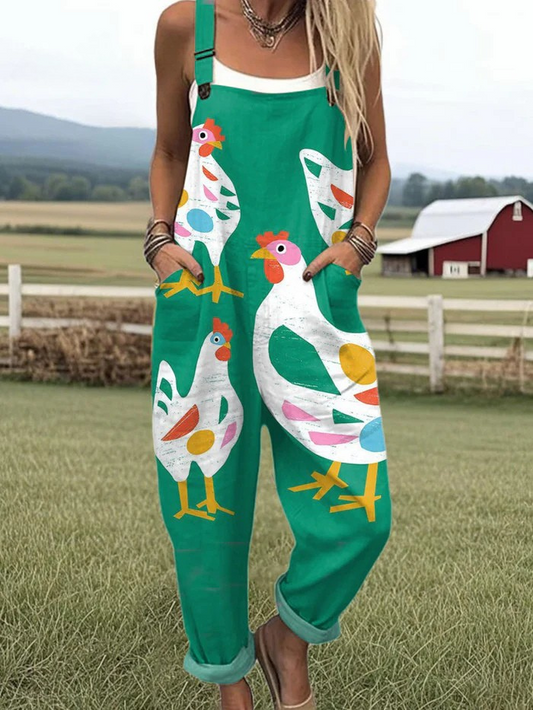 Women's  Funny Chick Art Print Casual  Wide Leg Linen Jumpsuit