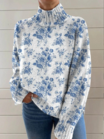 Charming Floral Pattern Art Print Sweater with Turtleneck