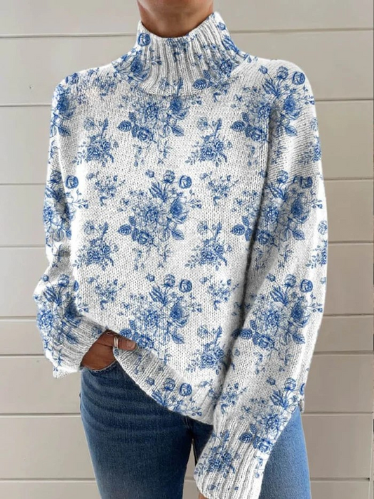 Charming Floral Pattern Art Print Sweater with Turtleneck