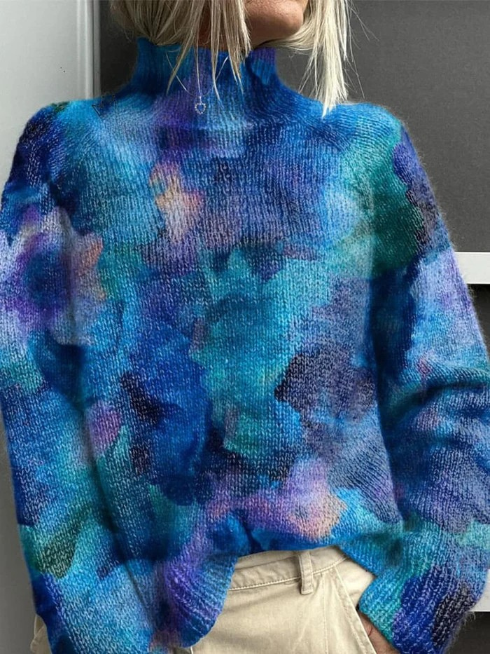 Abstract Floral Pattern on Printed Fabric, Turtleneck Sweater