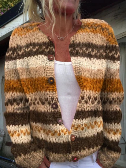 Striped Colour Block Print Buttoned Cardigan Sweater