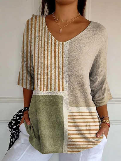 Women's Abstract Geometric Pattern Art Print Casual Knit Pullover