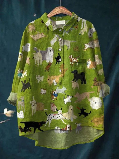Women's Cute Dog Art Print Casual  Linen Shirt
