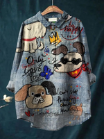 Cute Dog Art Print Casual  Linen Shirt