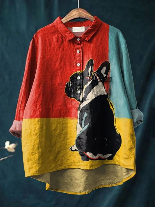 French Bulldog Looking Back In Front of Tricolor Background Casual Linen Shirt