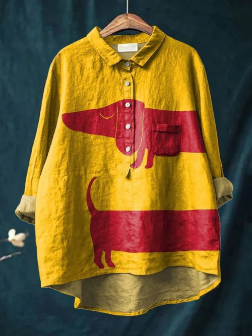 Cute Animal Fun and Colorful Dogs Dachshund Animal Vintage Art Print Linen Shirt