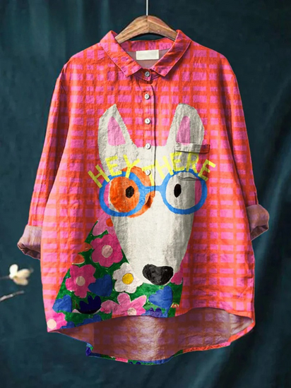 Women's Dog  Art Print Casual  Linen Shirt