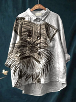 Women's Vintage Cute Dog Art Print Casual Linen Shirt