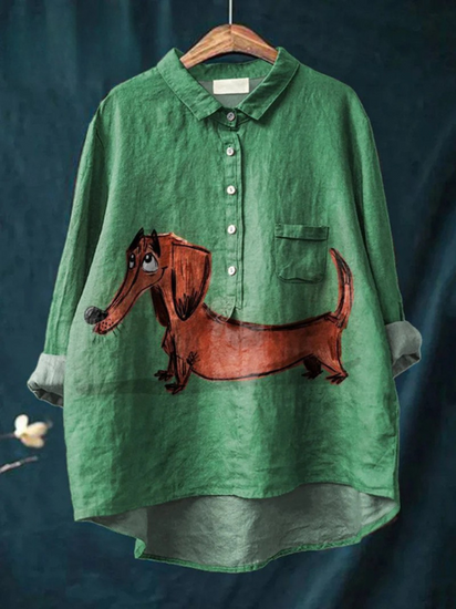 Vintage Lovely Dachshund Art Print Casual  Linen Shirt