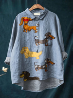 Vintage Inspired Dachshund Art Print Linen Shirt Casual and Stylish