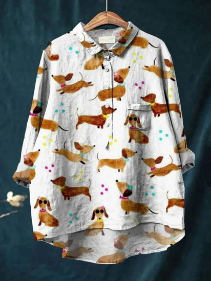 Women's Dog Flower Print Casual Linen Shirt