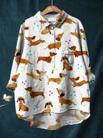 Women's Dog Flower Print Casual Linen Shirt