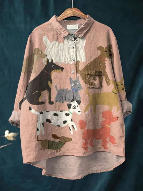 Women's Cute Dog Illustration Linen Shirt Casual Wear
