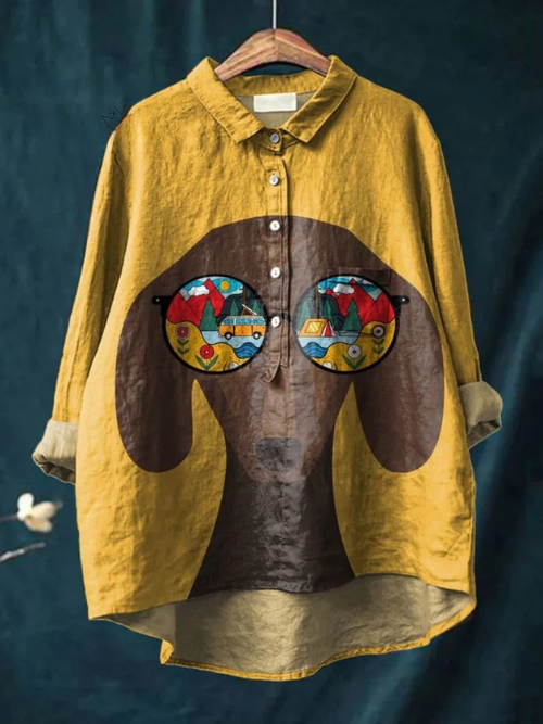 Women's Fun Puppy with Sunglasses Print Casual  Linen Shirt