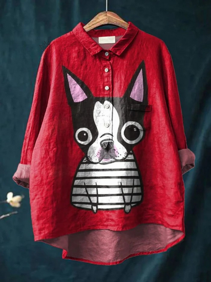 Lovely Chihuahua Dog Graphic Printed Women's Casual Linen Shirt