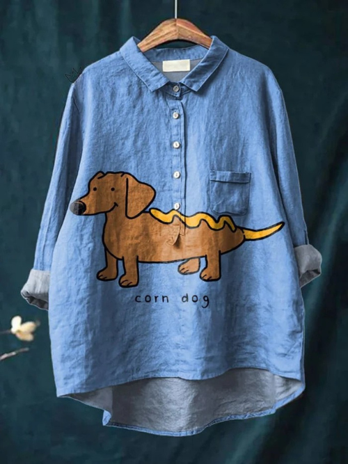 Vintage Lovely Corn Dog Art Print Casual  Linen Shirt