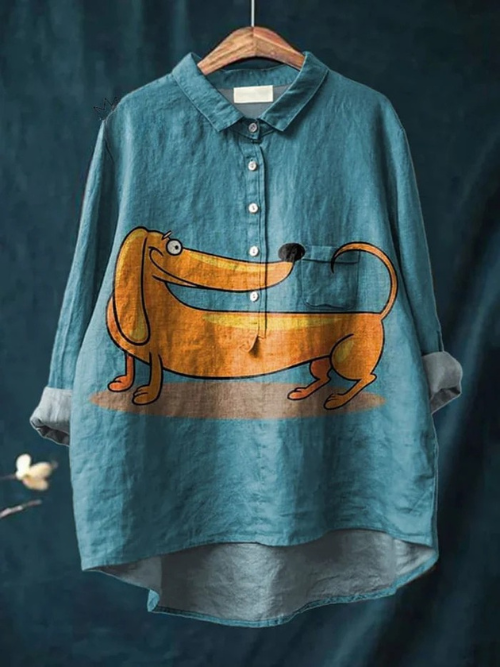 Retro Dachshund Print Casual Linen Shirt Vintage Style