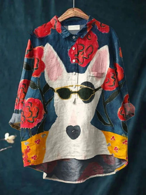 Women's Funny Bull  Art Print Casual  Linen Shirt