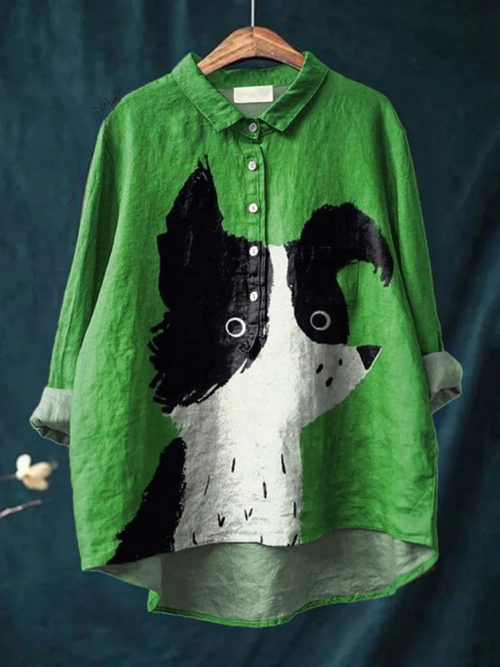 Vintage Funny Dog Art Print Casual Cotton And Linen Shirt