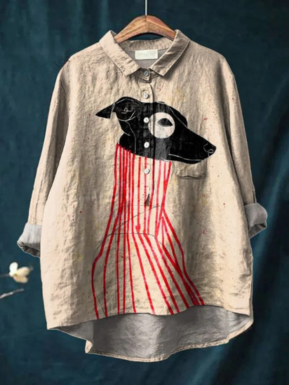 Vintage Funny Dog Art Print Casual Linen Shirt