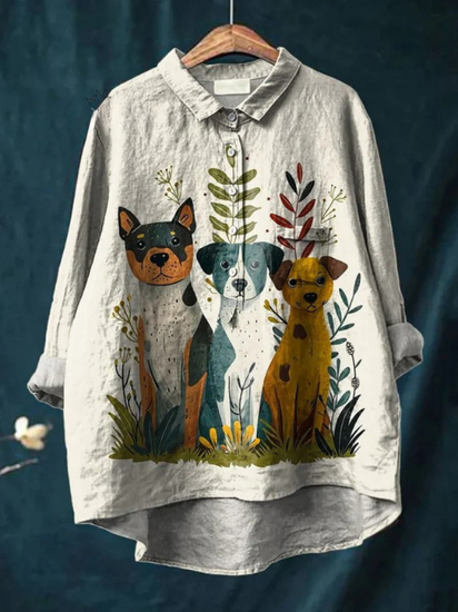 Puppy Dog In Botanical Garden Graphic Printed Women's Casual  Linen Shirt