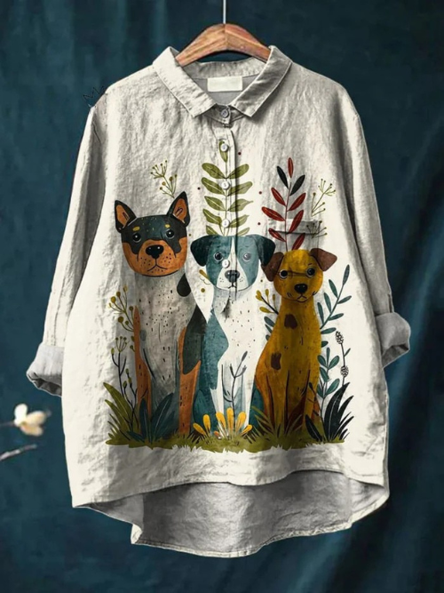 Puppy Dog In Botanical Garden Graphic Printed Women's Casual  Linen Shirt