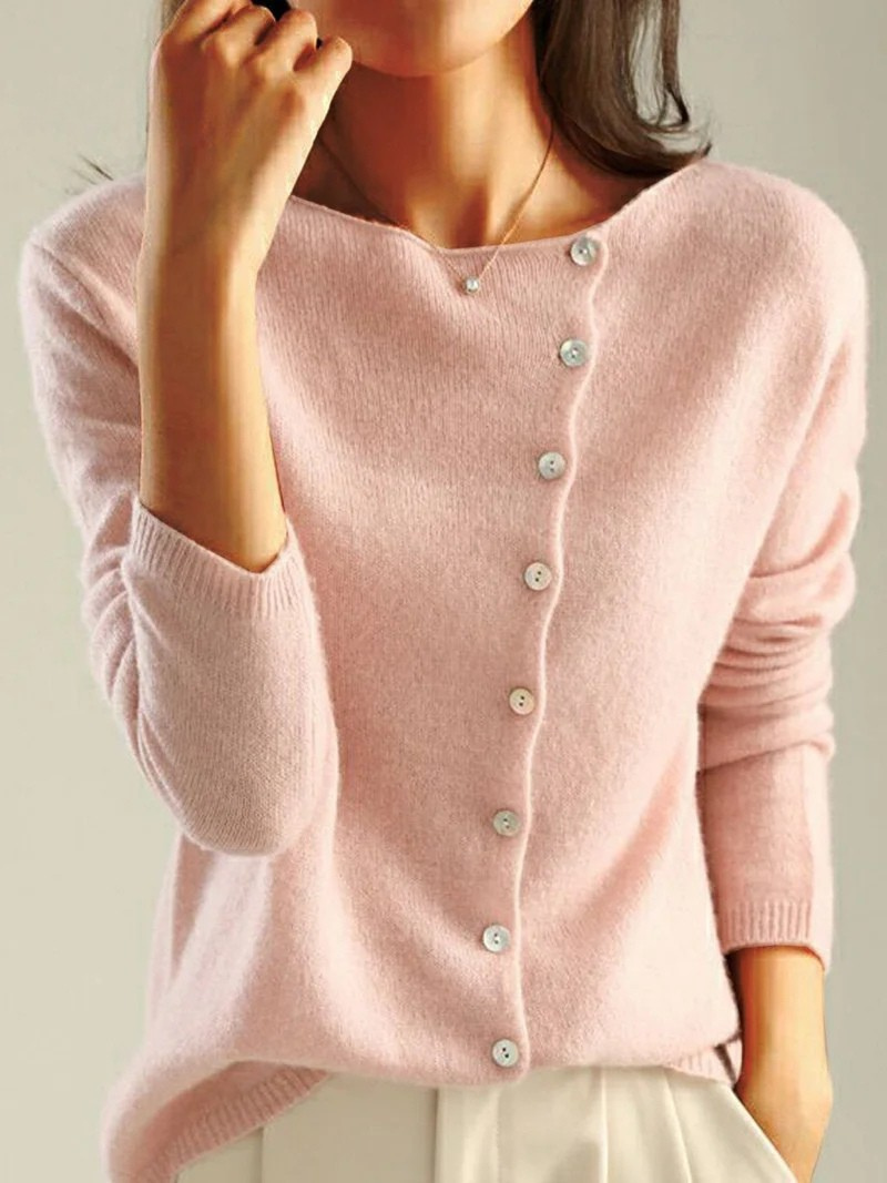 Women's Retro Style Round Neck Single-Row Button Cashmere Knit Thin Cardigan