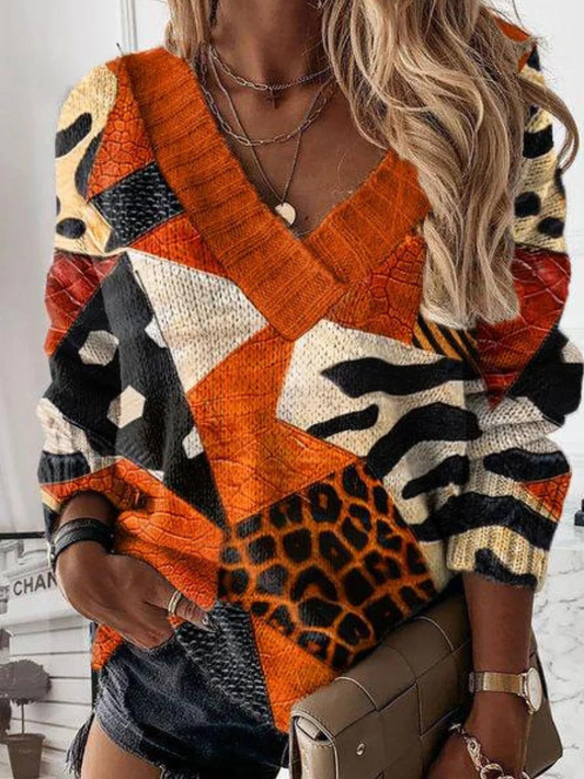 Halloween Color Block Art Print Knit V-neck Pullover Sweater