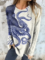Vintage Deep Sea Octopus Tentacles Art Printed Women's Button Back Casual Knitted Shirt