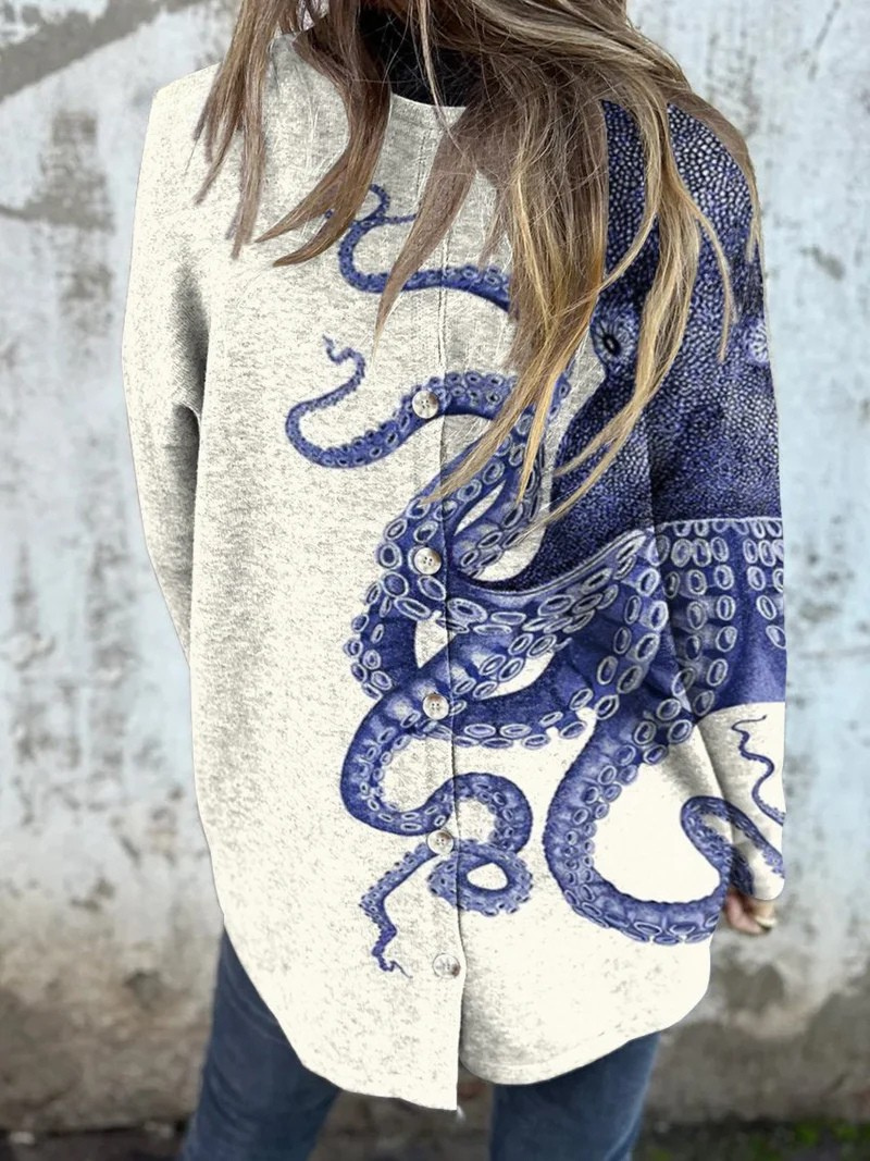 Vintage Deep Sea Octopus Tentacles Art Printed Women's Button Back Casual Knitted Shirt
