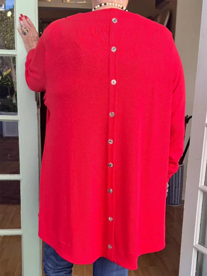 Button-back Crew Neck Top