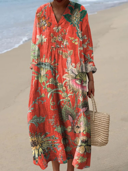 Women's Vintage Lovely Floral Pattern Art Print Linen Dress