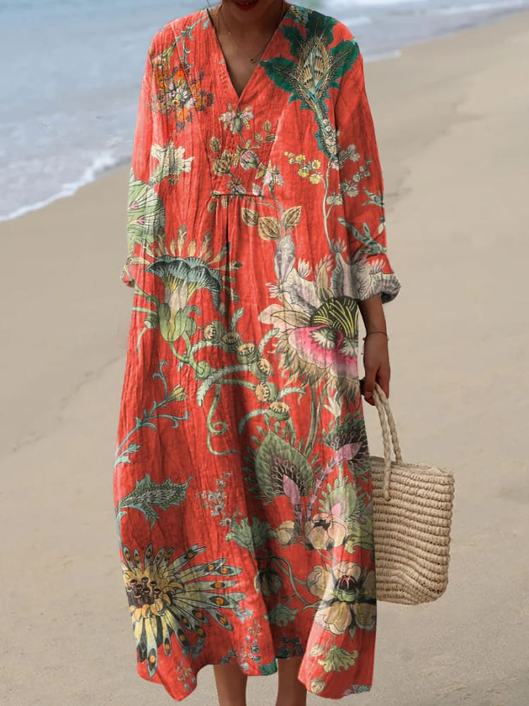 Women's Vintage Lovely Floral Pattern Art Print Linen Dress