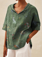 Woodland And Animal Pattern Printed Women's Casual V-neck Linen Shirt