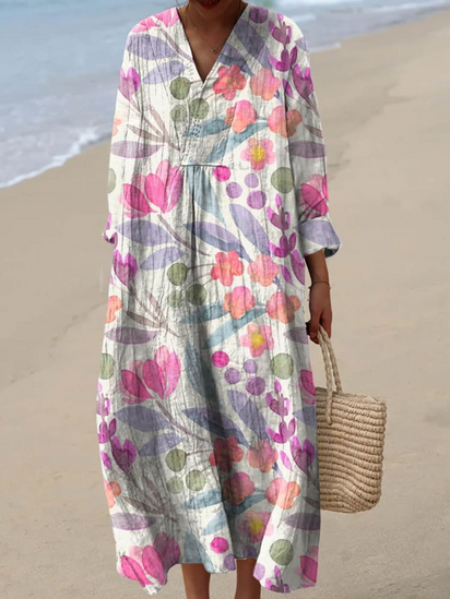Women's Lovely Floral Pattern Art Print Linen Dress