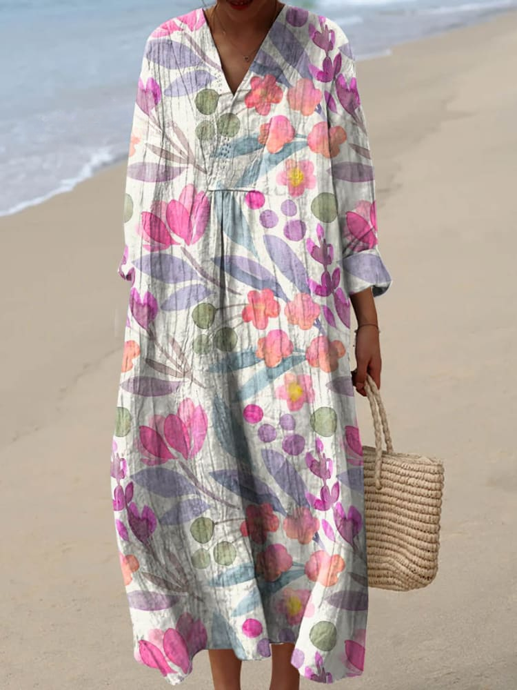 Women's Lovely Floral Pattern Art Print Linen Dress
