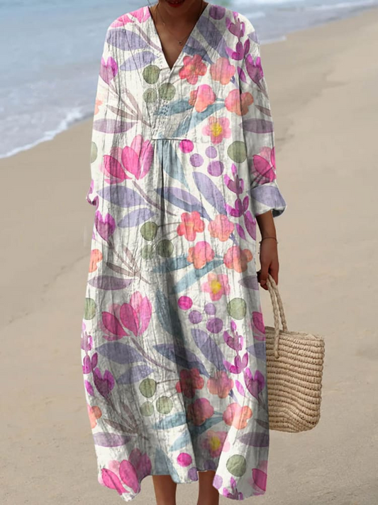 Women's Lovely Floral Pattern Art Print Linen Dress
