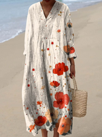 Women's Lovely Floral Pattern Art Print Linen Dress
