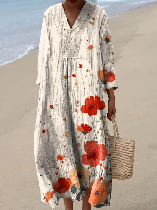Women's Lovely Floral Pattern Art Print Linen Dress