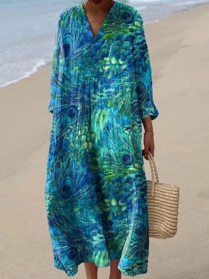 Women's Peacock Feather Pattern Art Print Linen Dress