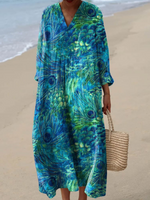 Women's Peacock Feather Pattern Art Print Linen Dress