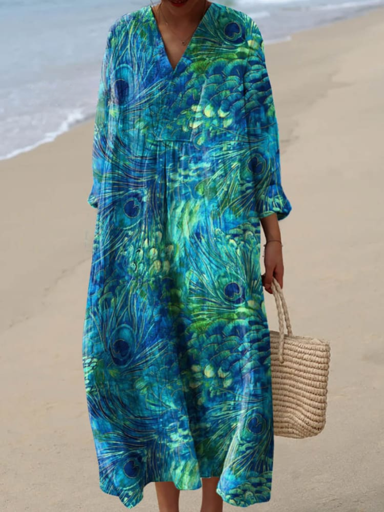 Women's Peacock Feather Pattern Art Print Linen Dress
