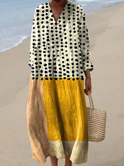 Woman Yellow Polka Dot Linen  Dress Artistic Watercolor Splash Fluid Art