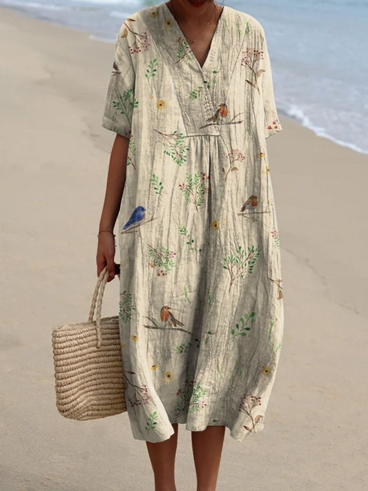 Women's Boughs And Robin Birds Pattern Printed Flowy Linen Dress