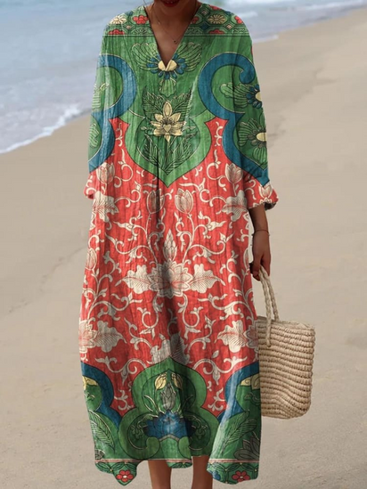 Women's Vintage Lovely Floral Art Print Linen Dress